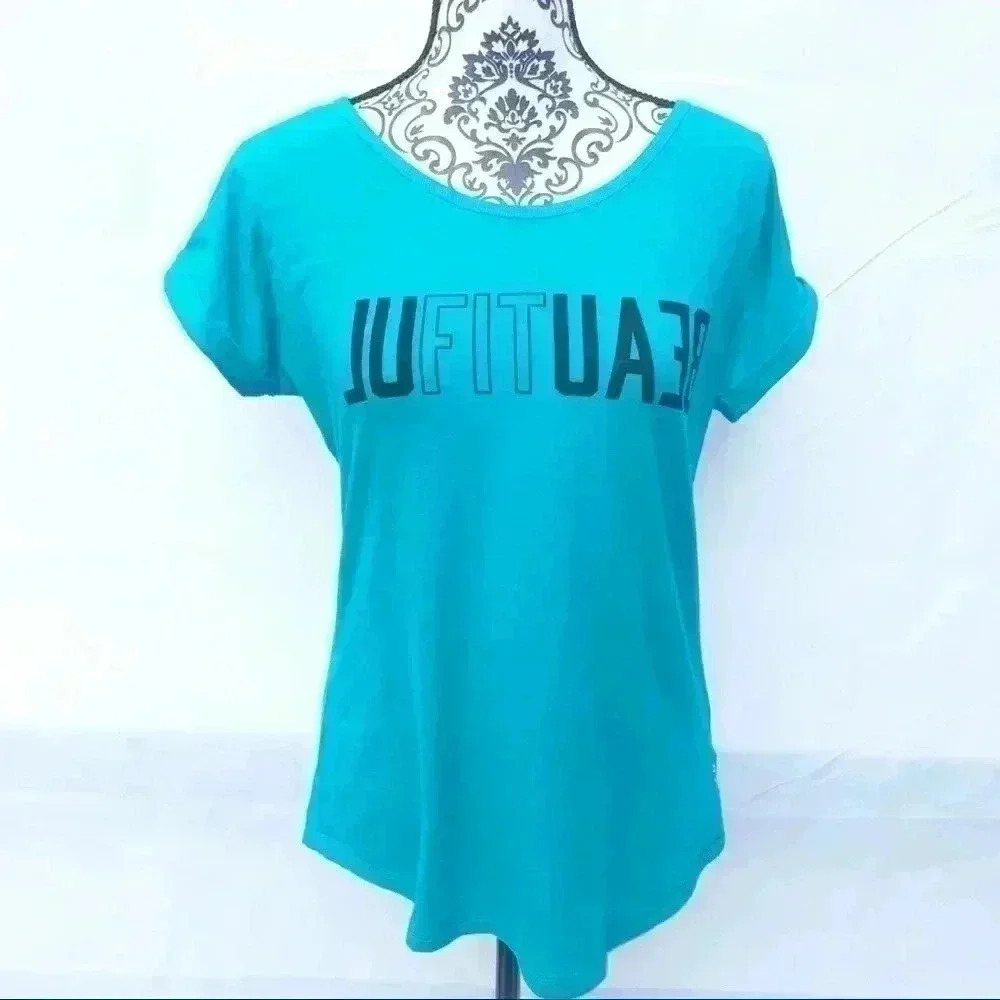 REEBOK‎ Turquoise Scoop Neck “Beautiful” Open Criss Cross Back Athletic Tee (M)